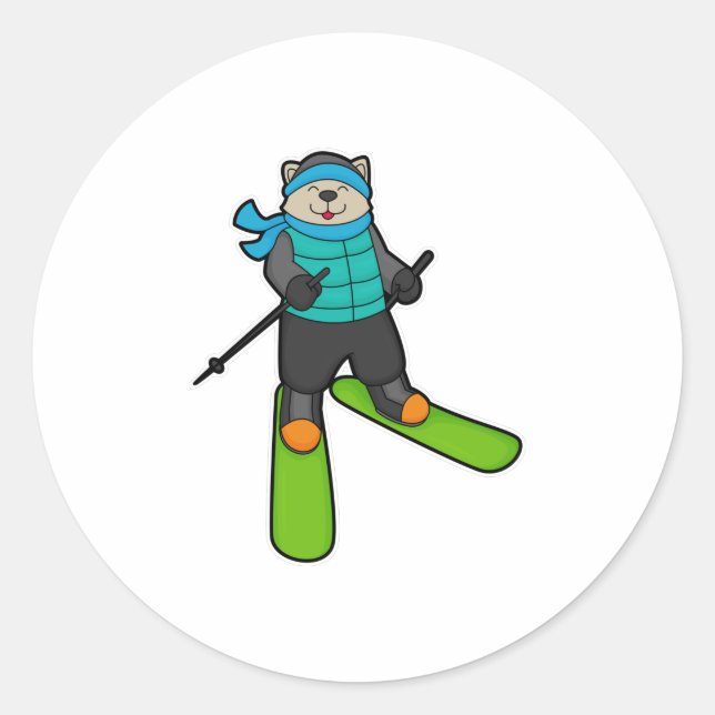 Cat as Skier with Ski Classic Round Sticker (Front)