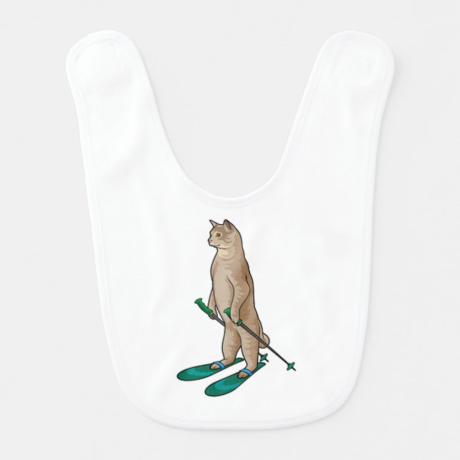 Cat as Skier with Ski & Ski poles Baby Bib (Front)