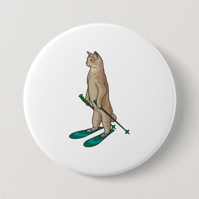 Cat as Skier with Ski & Ski poles Button (Front)