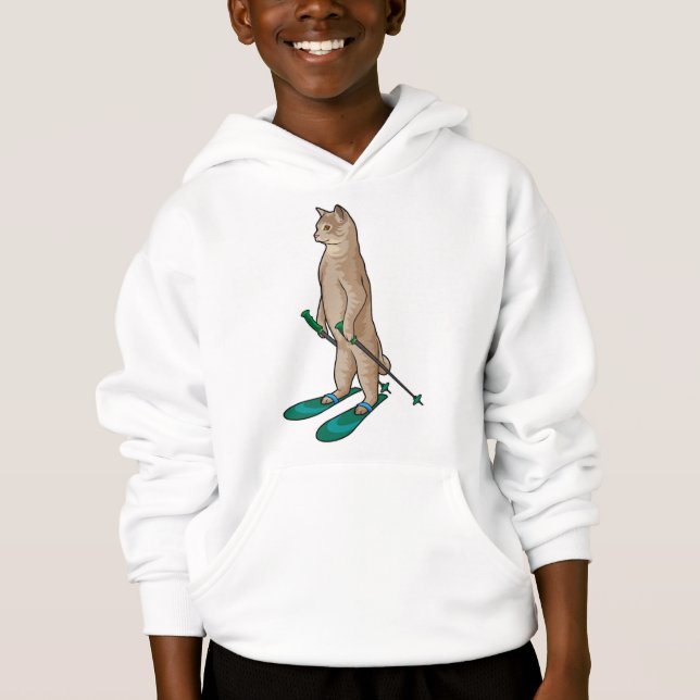 Cat as Skier with Ski & Ski poles Hoodie (Front)
