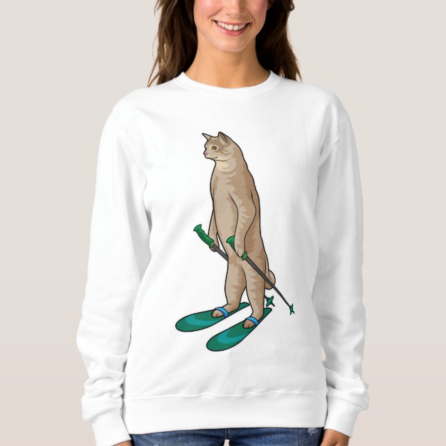 Cat as Skier with Ski & Ski poles Sweatshirt (Front)