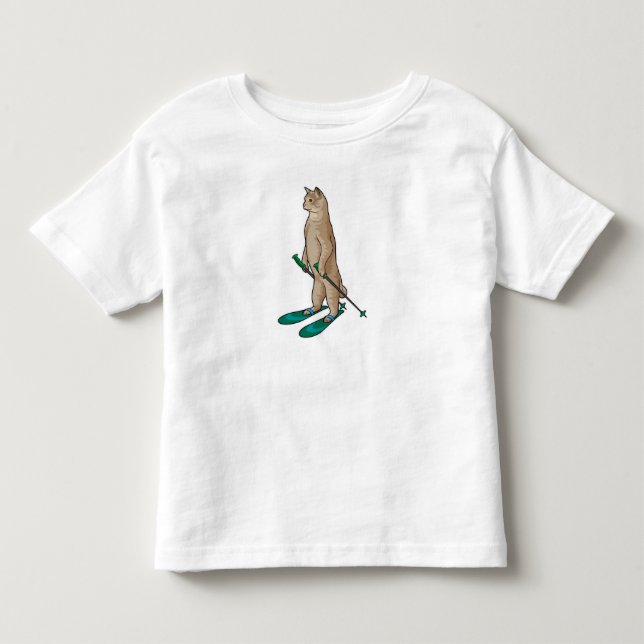 Cat as Skier with Ski & Ski poles Toddler T-shirt (Front)