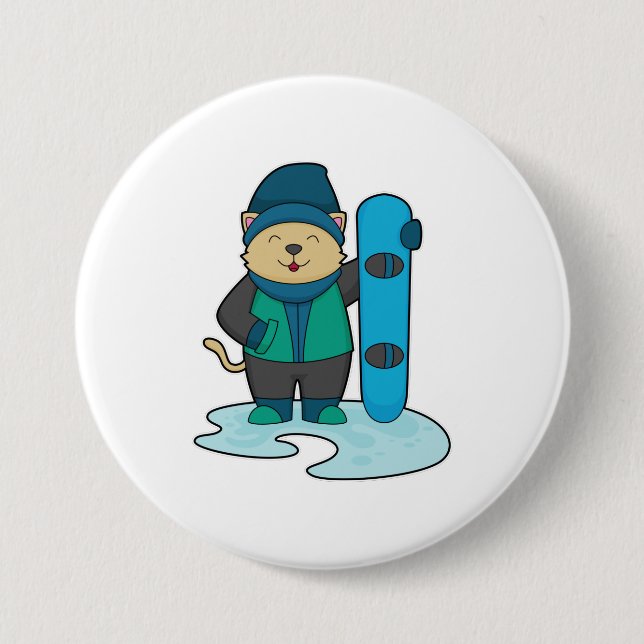 Cat as Snowboarder with Snowboard Button (Front)