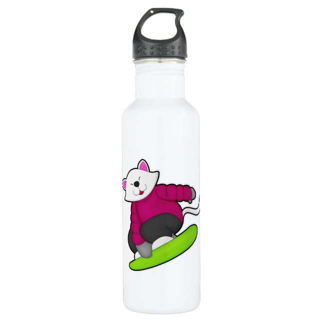 Cat as Snowboarder with Snowboard Stainless Steel Water Bottle (Front)