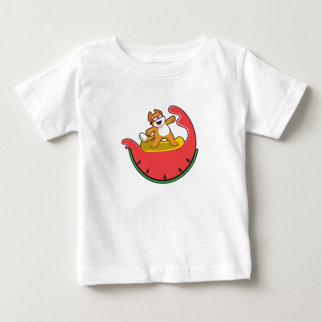 Cat as Surfer with Watermelon Baby T-Shirt (Front)