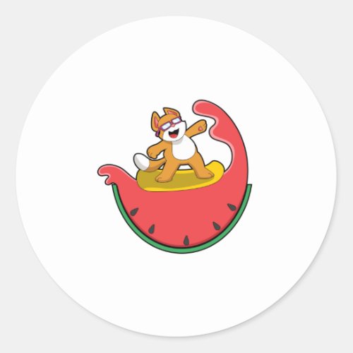 Cat as Surfer with Watermelon Classic Round Sticker