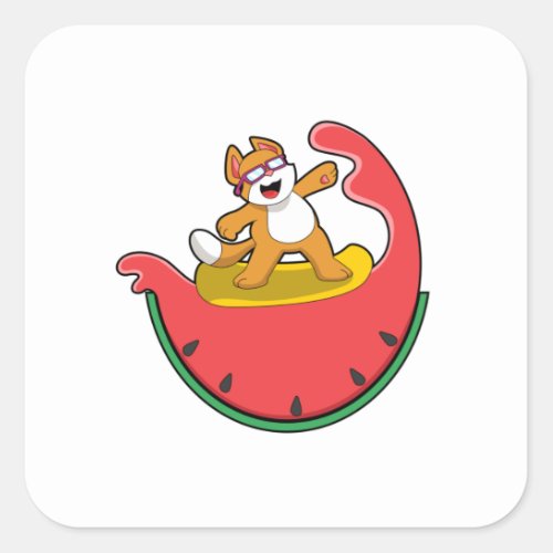 Cat as Surfer with Watermelon Square Sticker