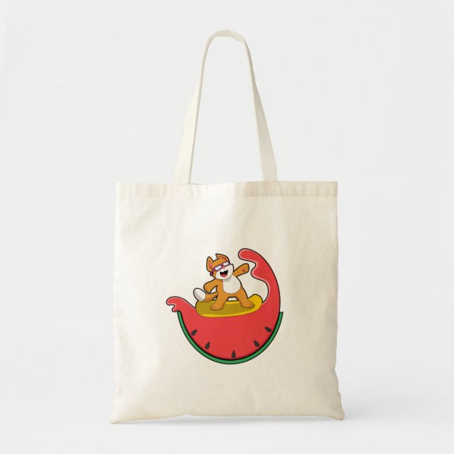 Cat as Surfer with Watermelon Tote Bag (Front)