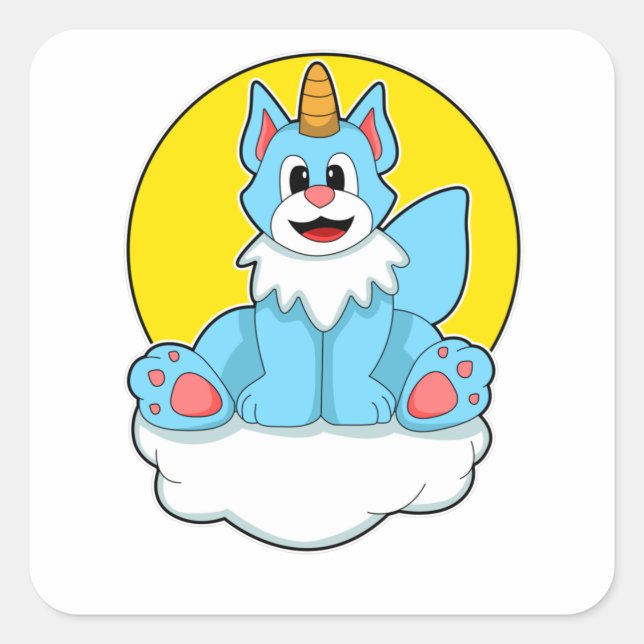 Cat as Unicorn on Clouds & Sun Square Sticker (Front)