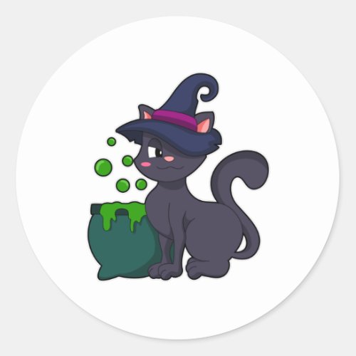 Cat as Witch with Caldron Classic Round Sticker