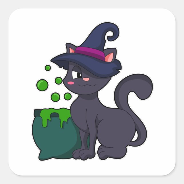 Cat as Witch with Caldron Square Sticker (Front)