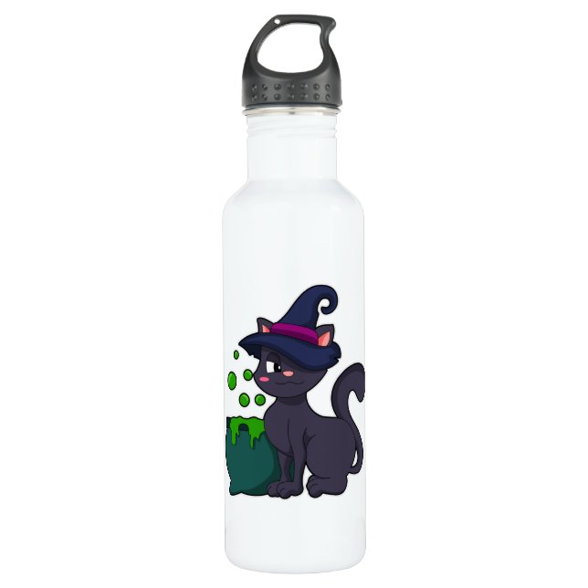 Cat as Witch with Caldron Stainless Steel Water Bottle (Front)