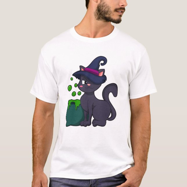 Cat as Witch with Caldron T-Shirt (Front)