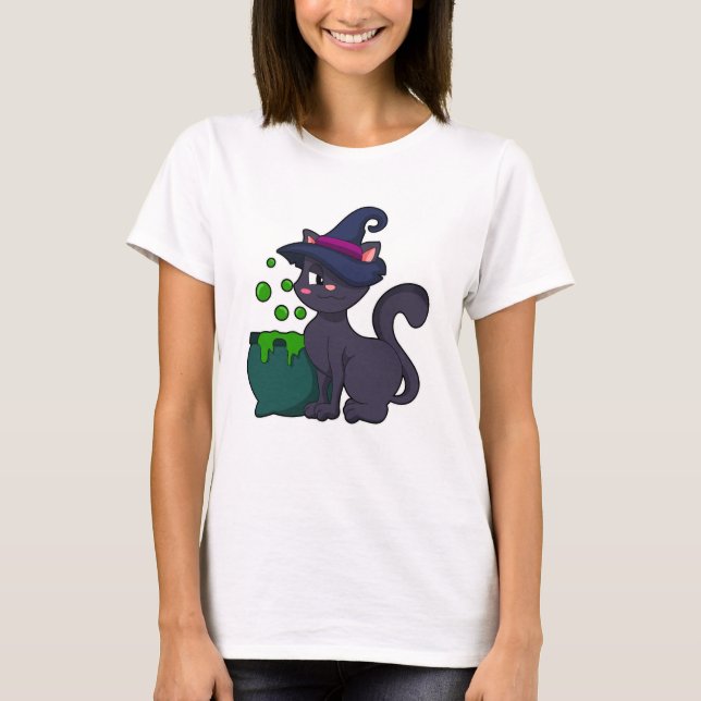 Cat as Witch with Caldron T-Shirt (Front)