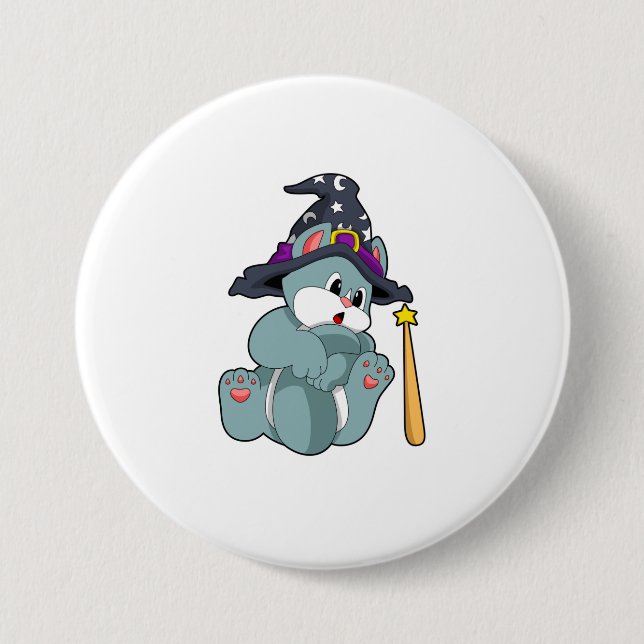 Cat as Wizard with Magic wand & Hat Button (Front)