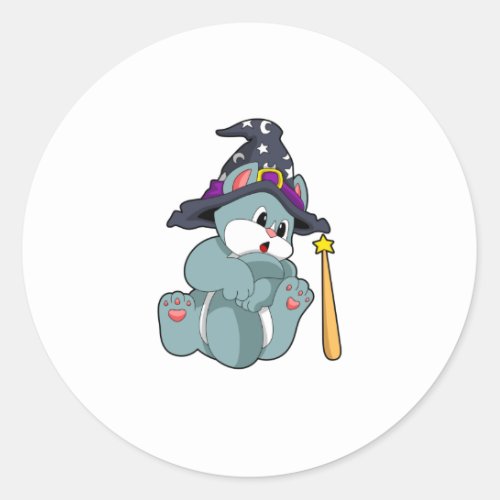 Cat as Wizard with Magic wand  Hat Classic Round Sticker