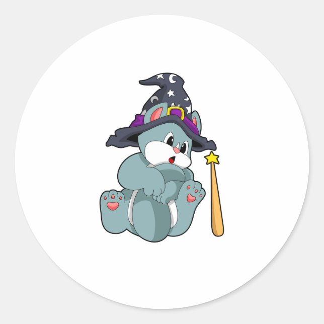 Cat as Wizard with Magic wand & Hat Classic Round Sticker (Front)