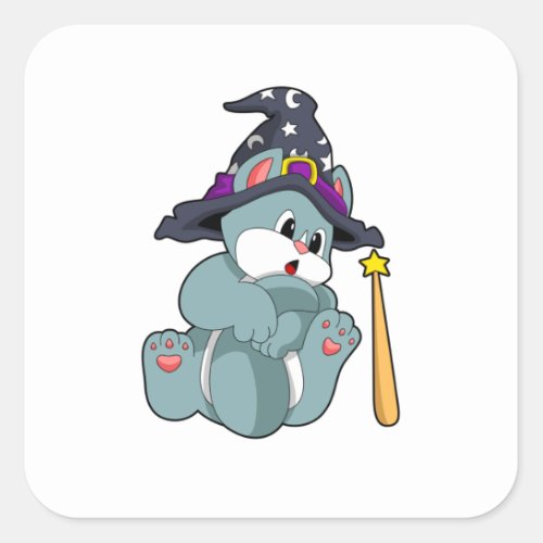 Cat as Wizard with Magic wand  Hat Square Sticker