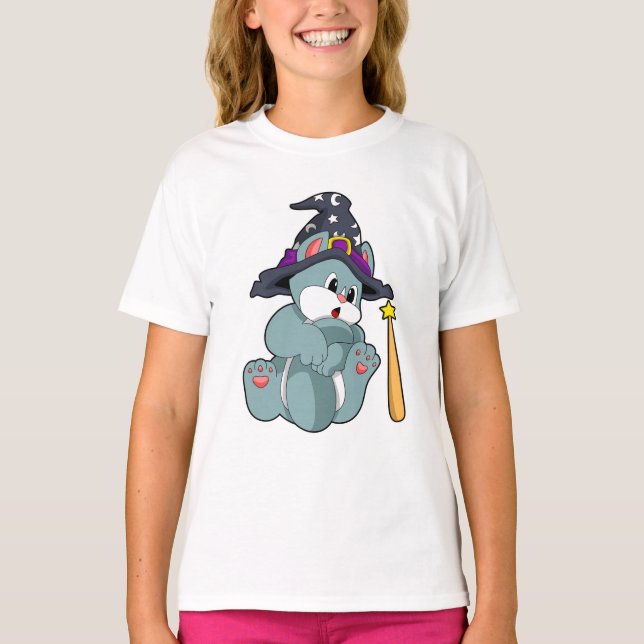 Cat as Wizard with Magic wand & Hat T-Shirt (Front)