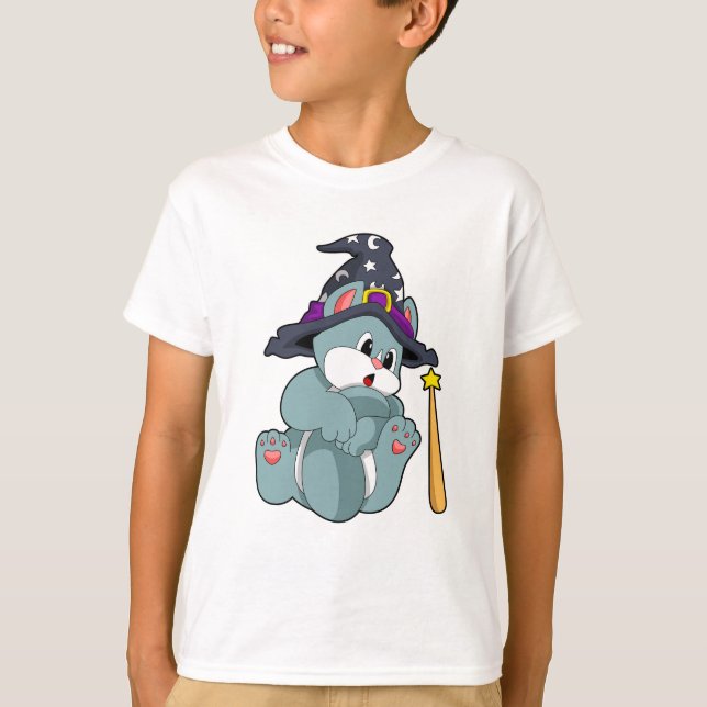Cat as Wizard with Magic wand & Hat T-Shirt (Front)