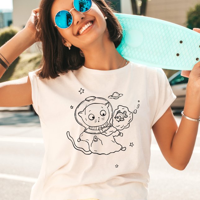 Cat Astronaut Floating in Space Cute Quirky Fun T-Shirt (Creator Uploaded)