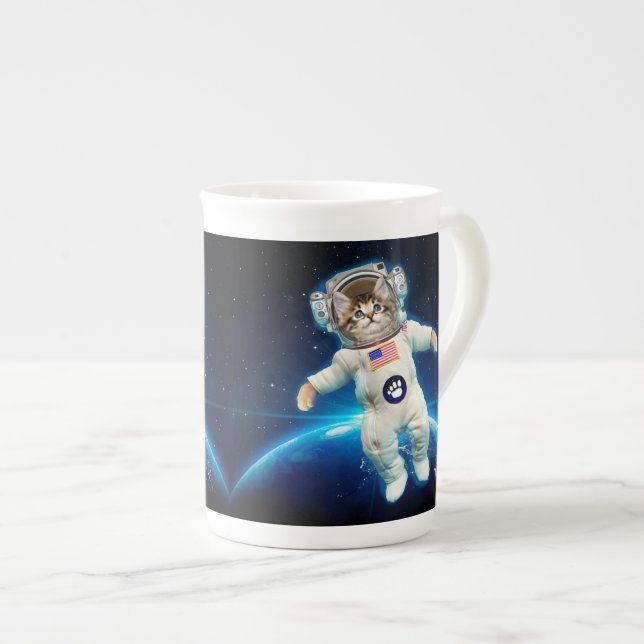Cat astronaut in space bone china mug (Front Right)