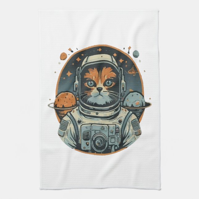 Cat-astronaut on Asteroids Kitchen Towel (Vertical)