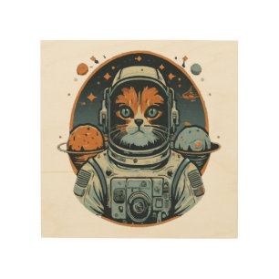 Cat-astronaut on Asteroids Wood Wall Art