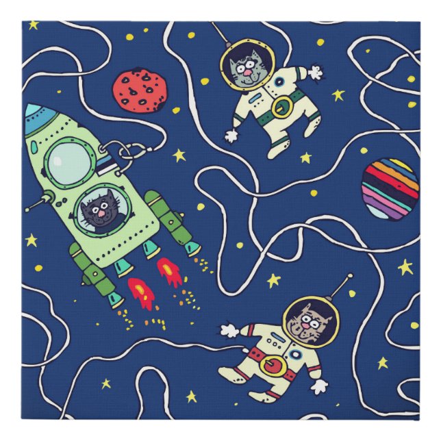 Cat Astronaut Outer Space Walk Kid's Room Faux Canvas Print (Front)