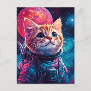 Cat astronaut pink space invitation postcard