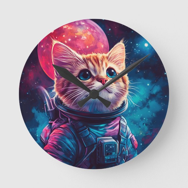 Cat astronaut pink space round clock (Front)