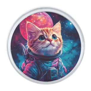 Cat astronaut pink space silver finish lapel pin