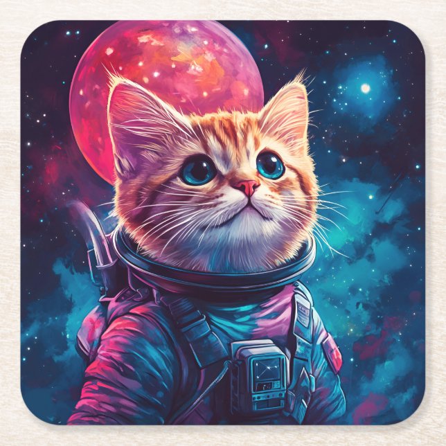 Cat astronaut pink space square paper coaster (Front)