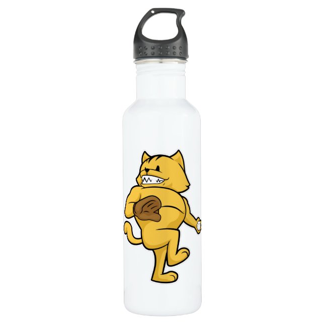 Cat at Baseball with Catch glove Stainless Steel Water Bottle (Front)
