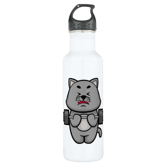 Cat at Biceps training with Barbell Stainless Steel Water Bottle (Front)