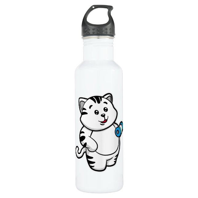 Cat at Biceps training with Dumbbell Stainless Steel Water Bottle (Front)