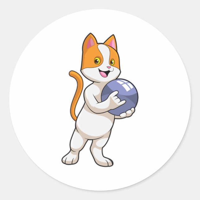Cat at Bowling with Bowling ball Classic Round Sticker (Front)