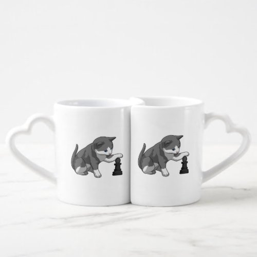 Cat at Chess with Chess piece Bishop Coffee Mug Set