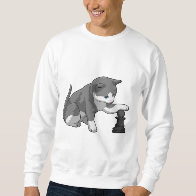 Cat at Chess with Chess piece Bishop Sweatshirt (Front)