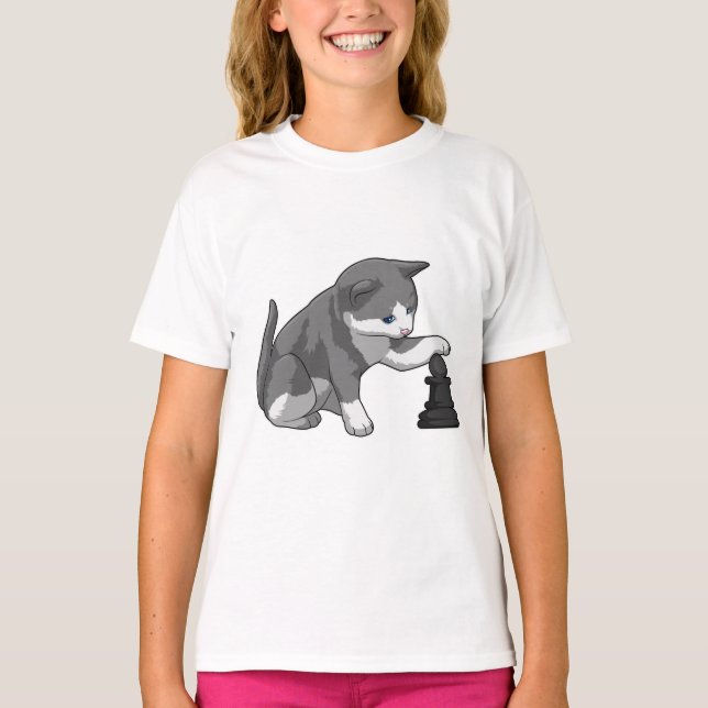 Cat at Chess with Chess piece Bishop T-Shirt (Front)