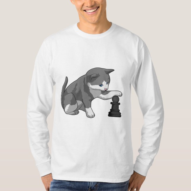 Cat at Chess with Chess piece Bishop T-Shirt (Front)