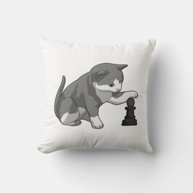 Cat at Chess with Chess piece Bishop Throw Pillow (Front)