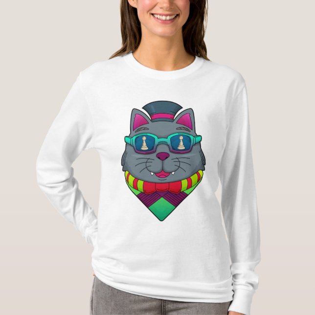 Cat at Chess with Chess piece Pawn T-Shirt (Front)