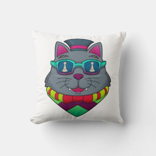 Cat at Chess with Chess piece Pawn Throw Pillow