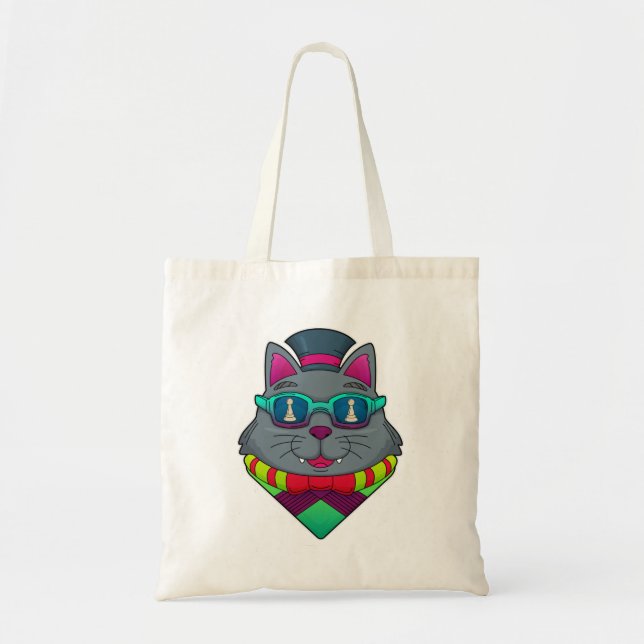 Cat at Chess with Chess piece Pawn Tote Bag (Front)