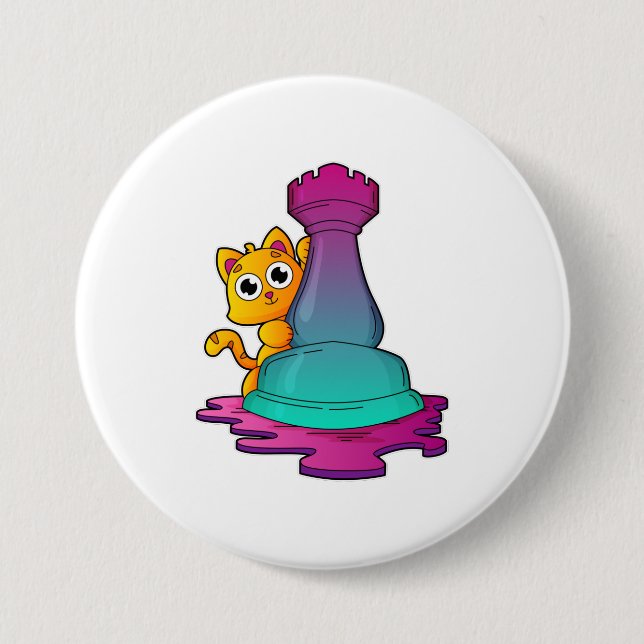 Cat at Chess with Chess piece Rook Button (Front)