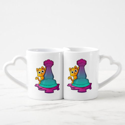 Cat at Chess with Chess piece Rook Coffee Mug Set