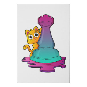 Cat at Chess with Chess piece Rook Faux Canvas Print