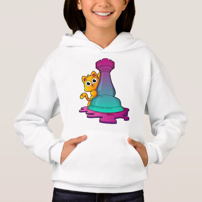 Cat at Chess with Chess piece Rook Hoodie (Front)