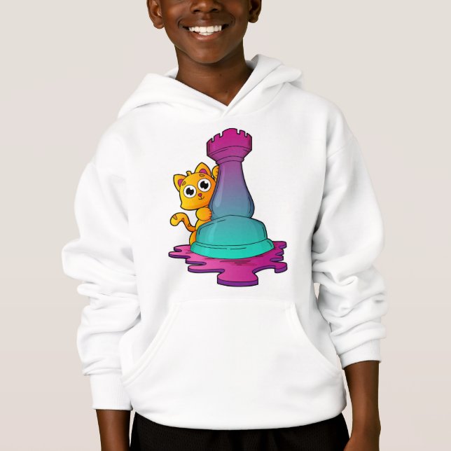 Cat at Chess with Chess piece Rook Hoodie (Front)